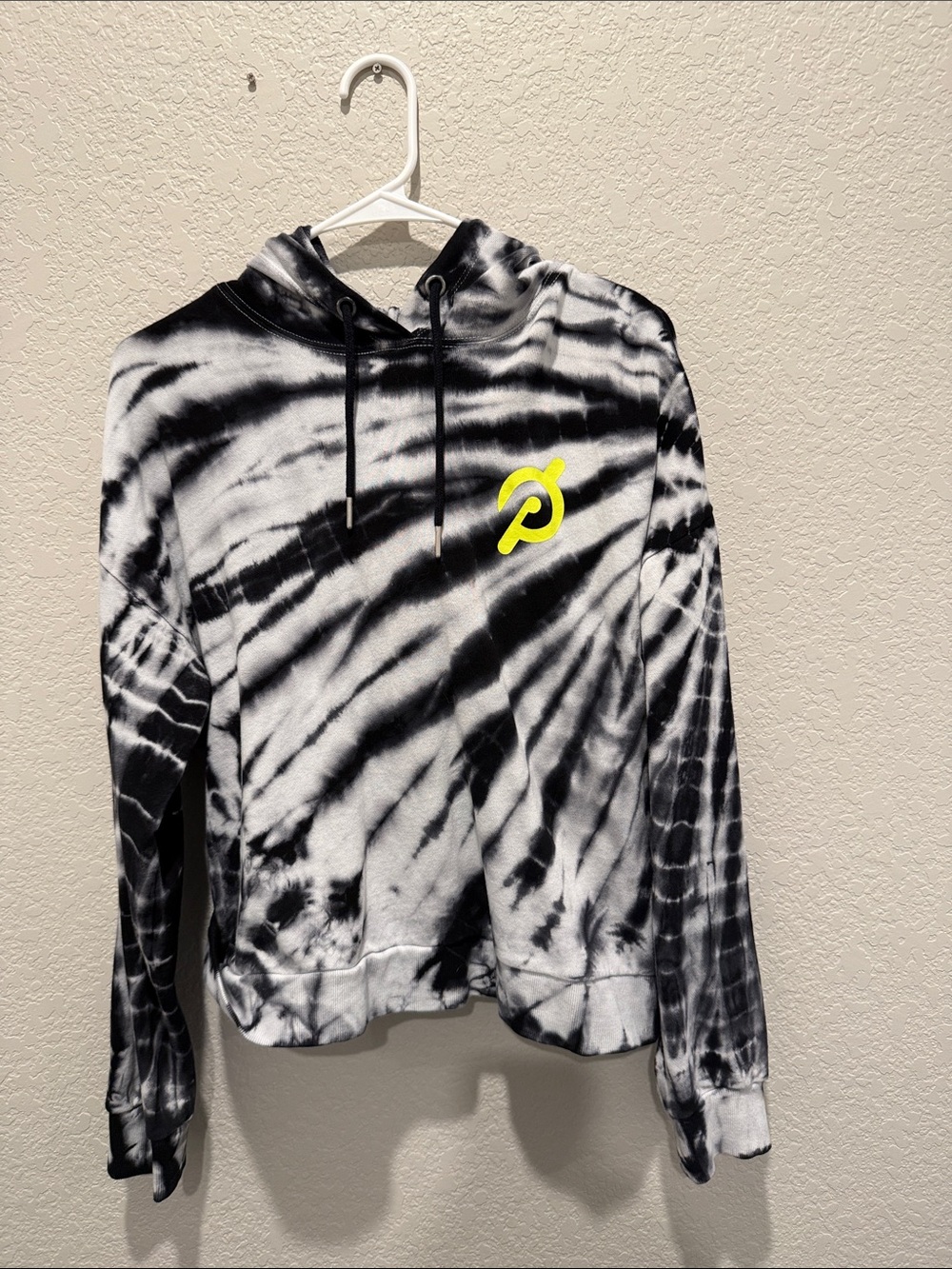 Peloton Black & White Tie-Dye Hoodie with Neon Yellow Logo